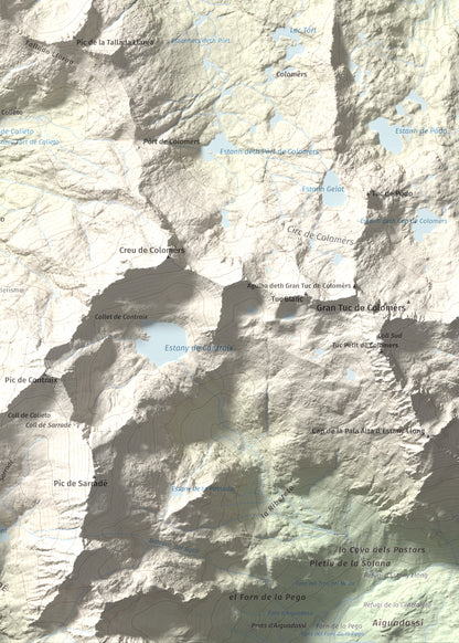 Mapa de relieve de Tuc de Lluçà, 2778 m, Alta Ribagorça · Val d'Aran, lámina 100 Cims de Trobart. Detalle de la zona inferior derecha. 50 × 70 cm.
