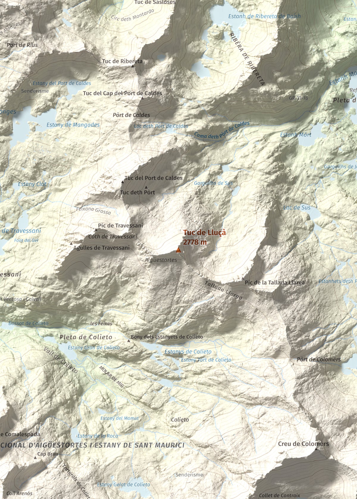 Mapa de relieve de Tuc de Lluçà, 2778 m, Alta Ribagorça · Val d'Aran, lámina 100 Cims de Trobart. Detalle de la zona central. 50 × 70 cm.