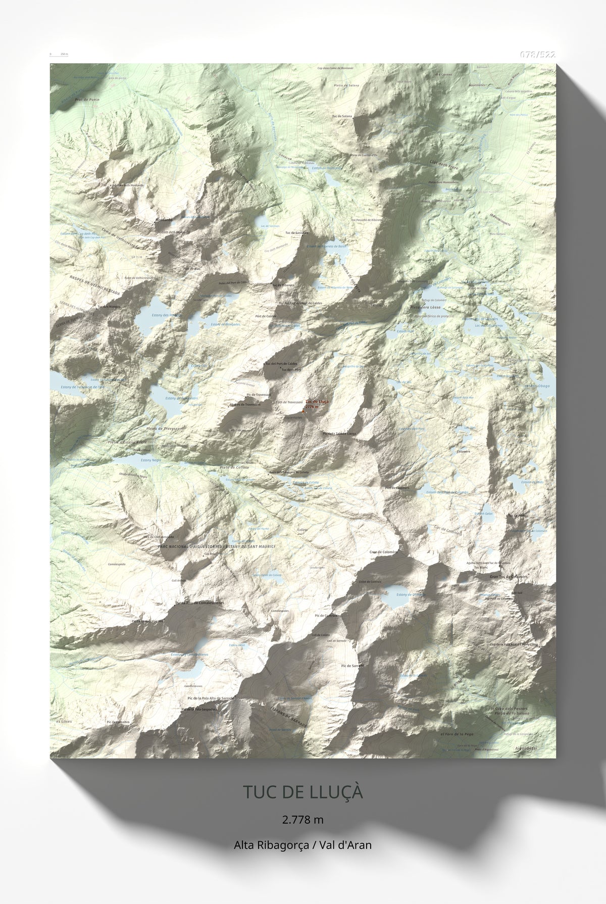 Mapa de relieve de Tuc de Lluçà, 2778 m, Alta Ribagorça · Val d'Aran, lámina 100 Cims de Trobart 61 × 91 cm.