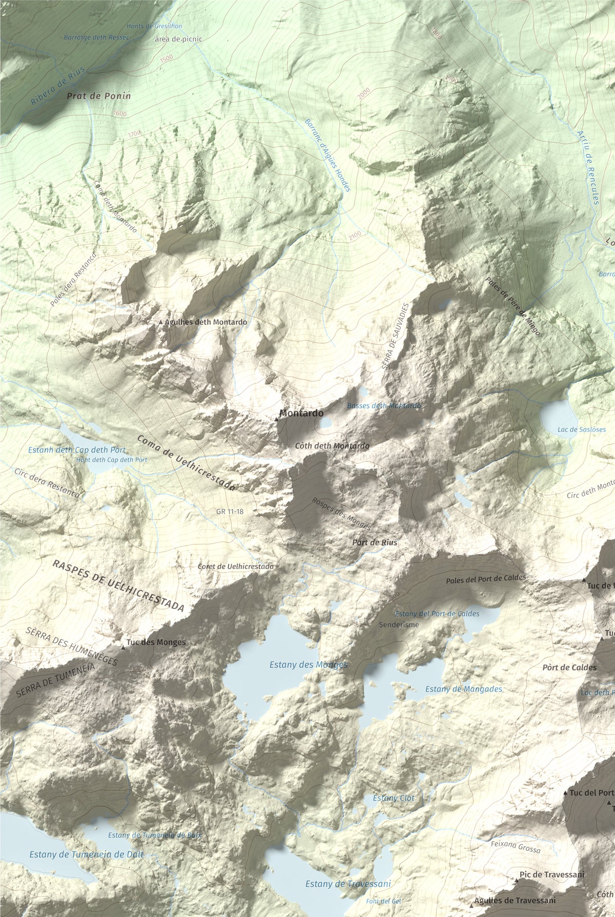 Mapa de relieve de Tuc de Lluçà, 2778 m, Alta Ribagorça · Val d'Aran, lámina 100 Cims de Trobart. Detalle de la zona superior izquierda. 61 × 91 cm.