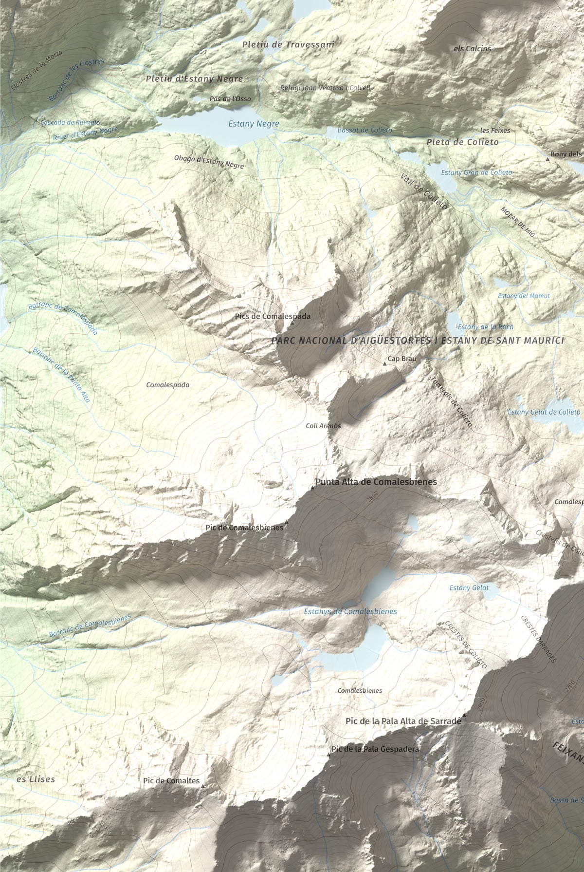 Mapa de relieve de Tuc de Lluçà, 2778 m, Alta Ribagorça · Val d'Aran, lámina 100 Cims de Trobart. Detalle de la zona inferior izquierda. 61 × 91 cm.