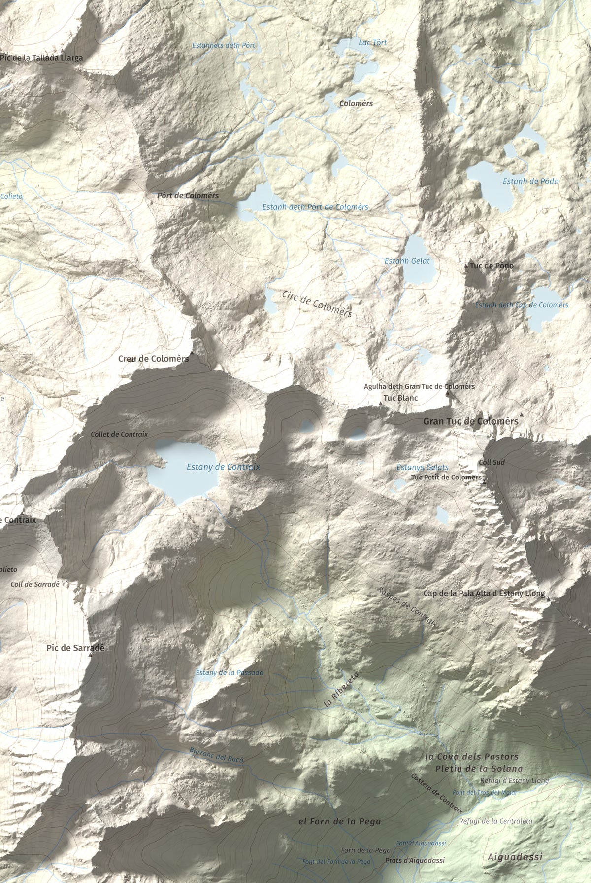Mapa de relieve de Tuc de Lluçà, 2778 m, Alta Ribagorça · Val d'Aran, lámina 100 Cims de Trobart. Detalle de la zona inferior derecha. 61 × 91 cm.