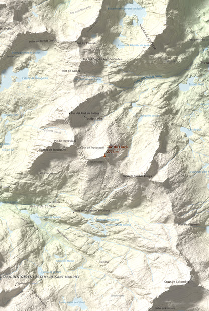 Mapa de relieve de Tuc de Lluçà, 2778 m, Alta Ribagorça · Val d'Aran, lámina 100 Cims de Trobart. Detalle de la zona central. 61 × 91 cm.