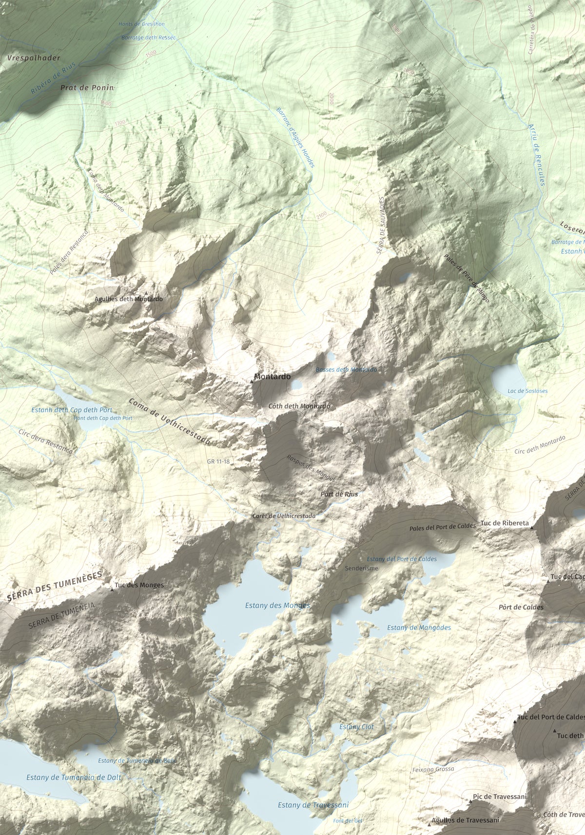 Mapa de relieve de Tuc de Lluçà, 2778 m, Alta Ribagorça · Val d'Aran, lámina 100 Cims de Trobart. Detalle de la zona superior izquierda. 70 × 100 cm.
