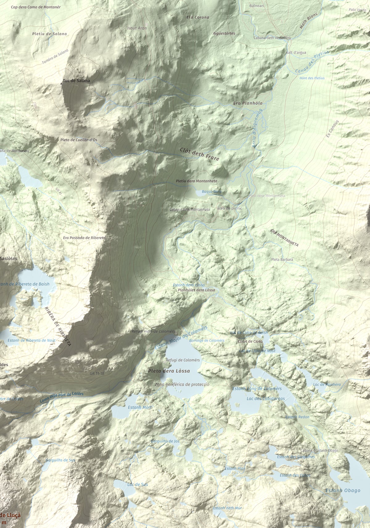 Mapa de relieve de Tuc de Lluçà, 2778 m, Alta Ribagorça · Val d'Aran, lámina 100 Cims de Trobart. Detalle de la zona superior derecha. 70 × 100 cm.