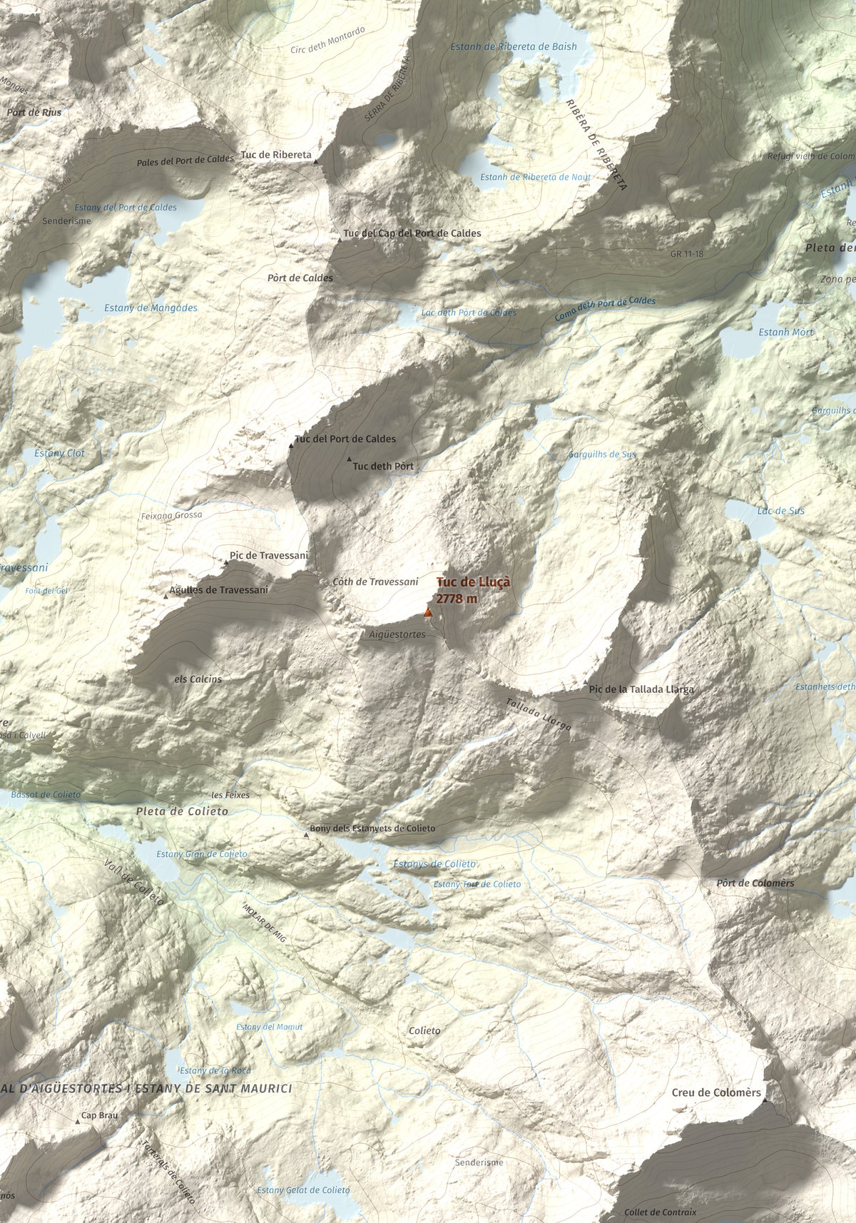 Mapa de relieve de Tuc de Lluçà, 2778 m, Alta Ribagorça · Val d'Aran, lámina 100 Cims de Trobart. Detalle de la zona central. 70 × 100 cm.