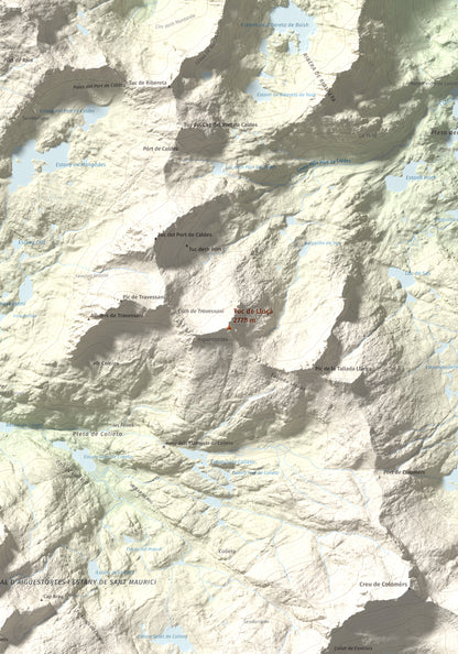 Mapa de relieve de Tuc de Lluçà, 2778 m, Alta Ribagorça · Val d'Aran, lámina 100 Cims de Trobart. Detalle de la zona central. 70 × 100 cm.