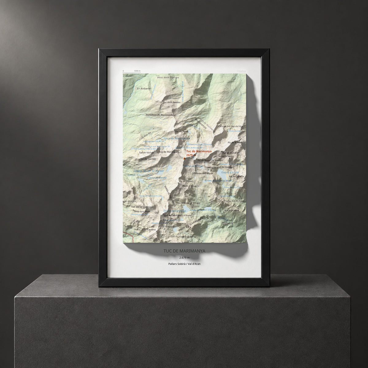 Mapa de relieve de Tuc de Marimanya, 2679 m, Pallars Sobirà · Val d'Aran, lámina 100 Cims de Trobart. Presentación enmarcada. 21 × 30 cm.