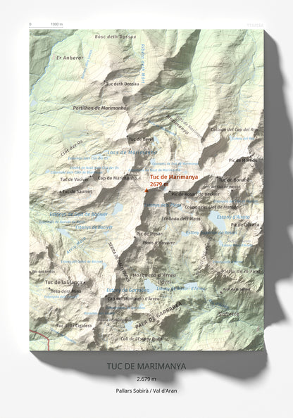 Mapa de relieve de Tuc de Marimanya, 2679 m, Pallars Sobirà · Val d'Aran, lámina 100 Cims de Trobart 21 × 30 cm.