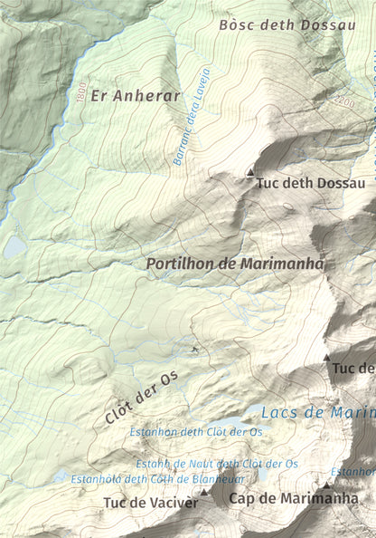 Mapa de relieve de Tuc de Marimanya, 2679 m, Pallars Sobirà · Val d'Aran, lámina 100 Cims de Trobart. Detalle de la zona superior izquierda. 21 × 30 cm.