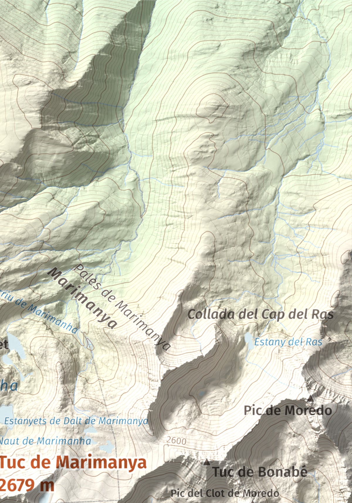 Mapa de relieve de Tuc de Marimanya, 2679 m, Pallars Sobirà · Val d'Aran, lámina 100 Cims de Trobart. Detalle de la zona superior derecha. 21 × 30 cm.