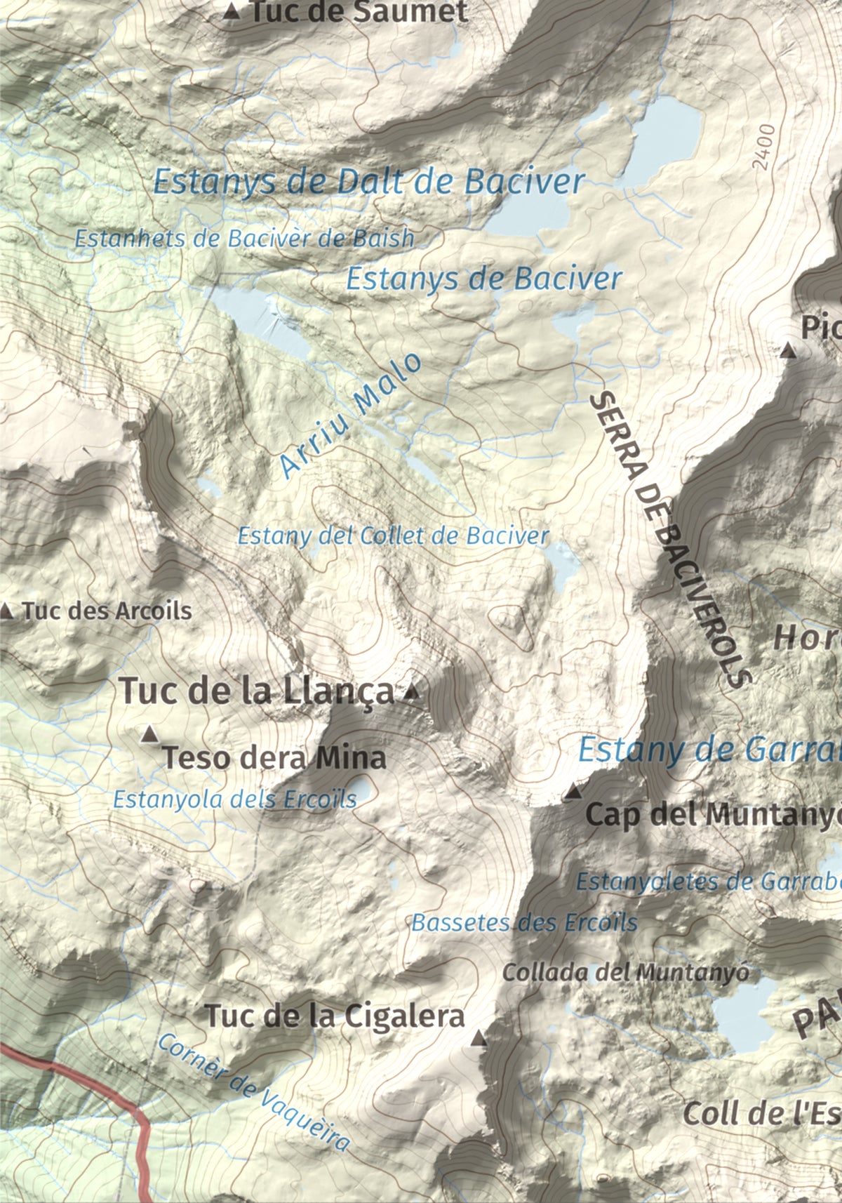 Mapa de relieve de Tuc de Marimanya, 2679 m, Pallars Sobirà · Val d'Aran, lámina 100 Cims de Trobart. Detalle de la zona inferior izquierda. 21 × 30 cm.