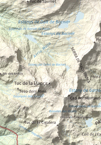 Mapa de relieve de Tuc de Marimanya, 2679 m, Pallars Sobirà · Val d'Aran, lámina 100 Cims de Trobart. Detalle de la zona inferior izquierda. 21 × 30 cm.