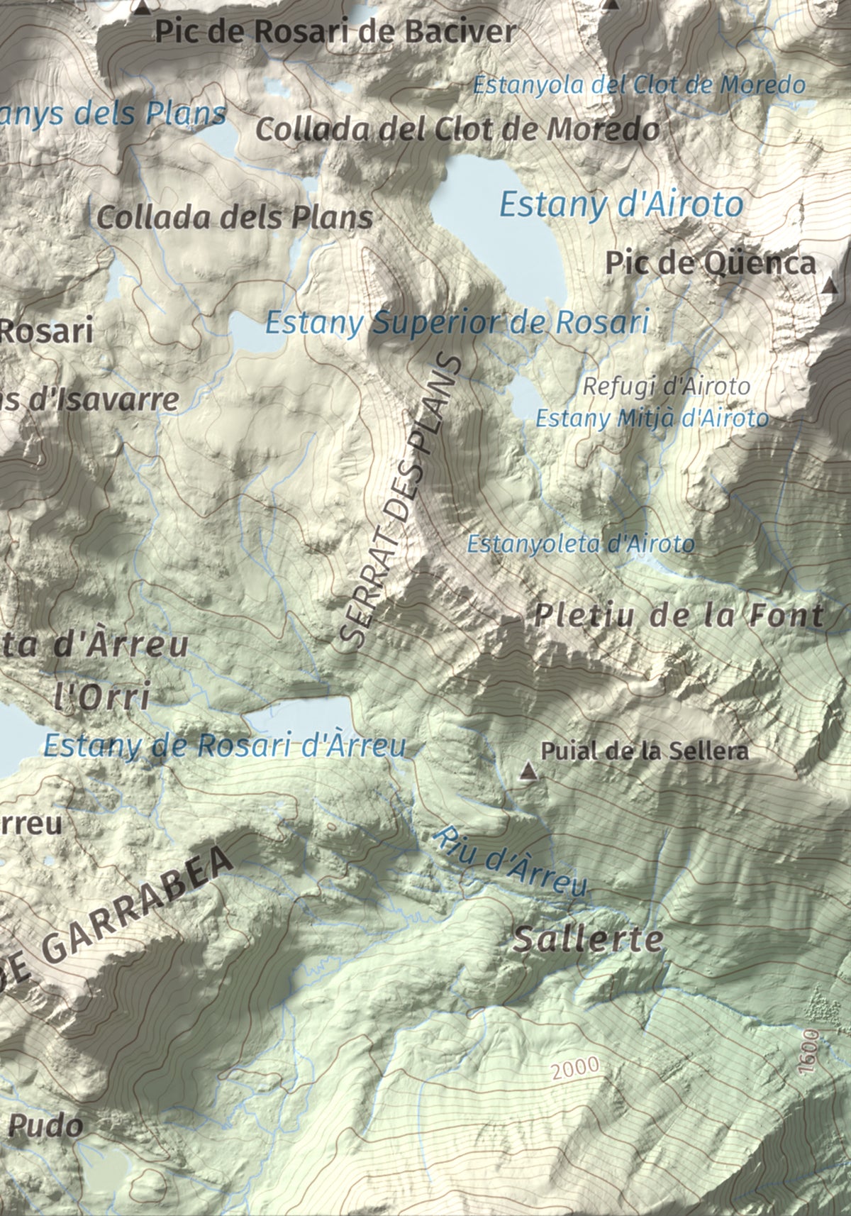 Mapa de relieve de Tuc de Marimanya, 2679 m, Pallars Sobirà · Val d'Aran, lámina 100 Cims de Trobart. Detalle de la zona inferior derecha. 21 × 30 cm.