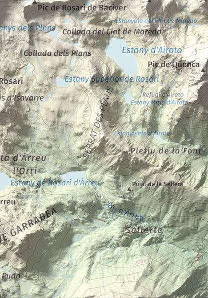 Mapa de relieve de Tuc de Marimanya, 2679 m, Pallars Sobirà · Val d'Aran, lámina 100 Cims de Trobart. Detalle de la zona inferior derecha. 21 × 30 cm.