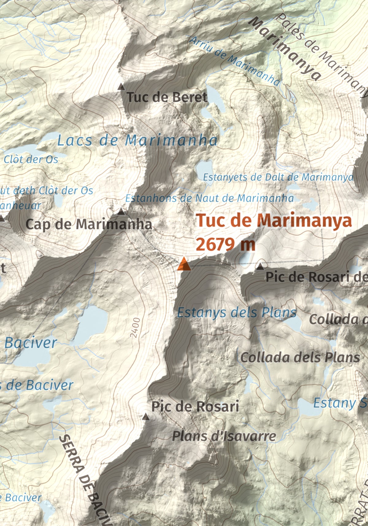 Mapa de relieve de Tuc de Marimanya, 2679 m, Pallars Sobirà · Val d'Aran, lámina 100 Cims de Trobart. Detalle de la zona central. 21 × 30 cm.