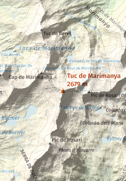 Mapa de relieve de Tuc de Marimanya, 2679 m, Pallars Sobirà · Val d'Aran, lámina 100 Cims de Trobart. Detalle de la zona central. 21 × 30 cm.