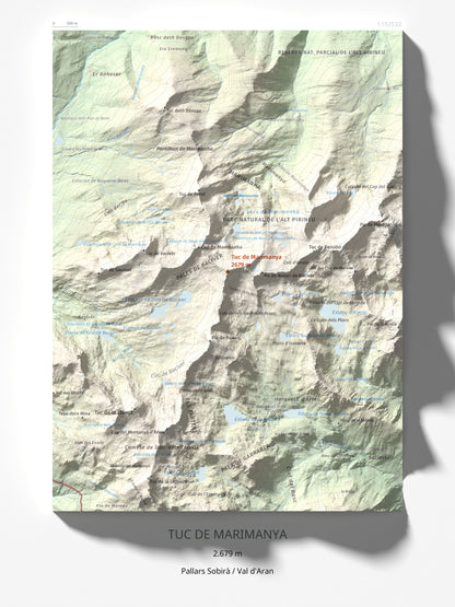 Mapa de relieve de Tuc de Marimanya, 2679 m, Pallars Sobirà · Val d'Aran, lámina 100 Cims de Trobart 30 × 40 cm.