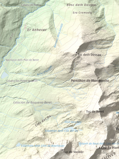 Mapa de relieve de Tuc de Marimanya, 2679 m, Pallars Sobirà · Val d'Aran, lámina 100 Cims de Trobart. Detalle de la zona superior izquierda. 30 × 40 cm.