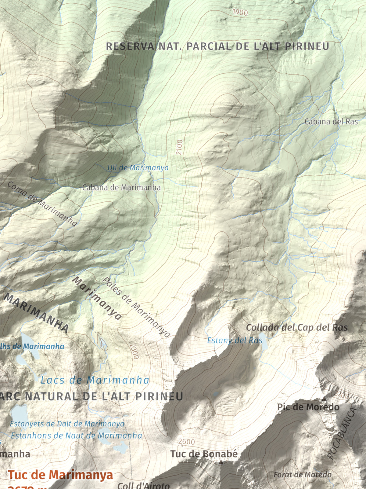 Mapa de relieve de Tuc de Marimanya, 2679 m, Pallars Sobirà · Val d'Aran, lámina 100 Cims de Trobart. Detalle de la zona superior derecha. 30 × 40 cm.