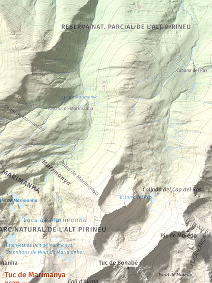 Mapa de relieve de Tuc de Marimanya, 2679 m, Pallars Sobirà · Val d'Aran, lámina 100 Cims de Trobart. Detalle de la zona superior derecha. 30 × 40 cm.