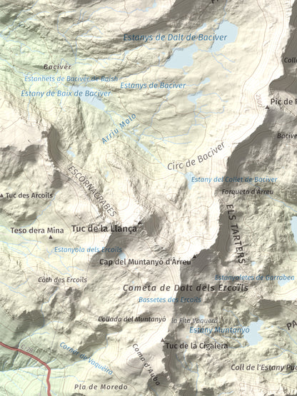 Mapa de relieve de Tuc de Marimanya, 2679 m, Pallars Sobirà · Val d'Aran, lámina 100 Cims de Trobart. Detalle de la zona inferior izquierda. 30 × 40 cm.