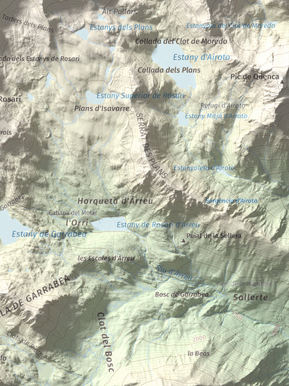 Mapa de relieve de Tuc de Marimanya, 2679 m, Pallars Sobirà · Val d'Aran, lámina 100 Cims de Trobart. Detalle de la zona inferior derecha. 30 × 40 cm.