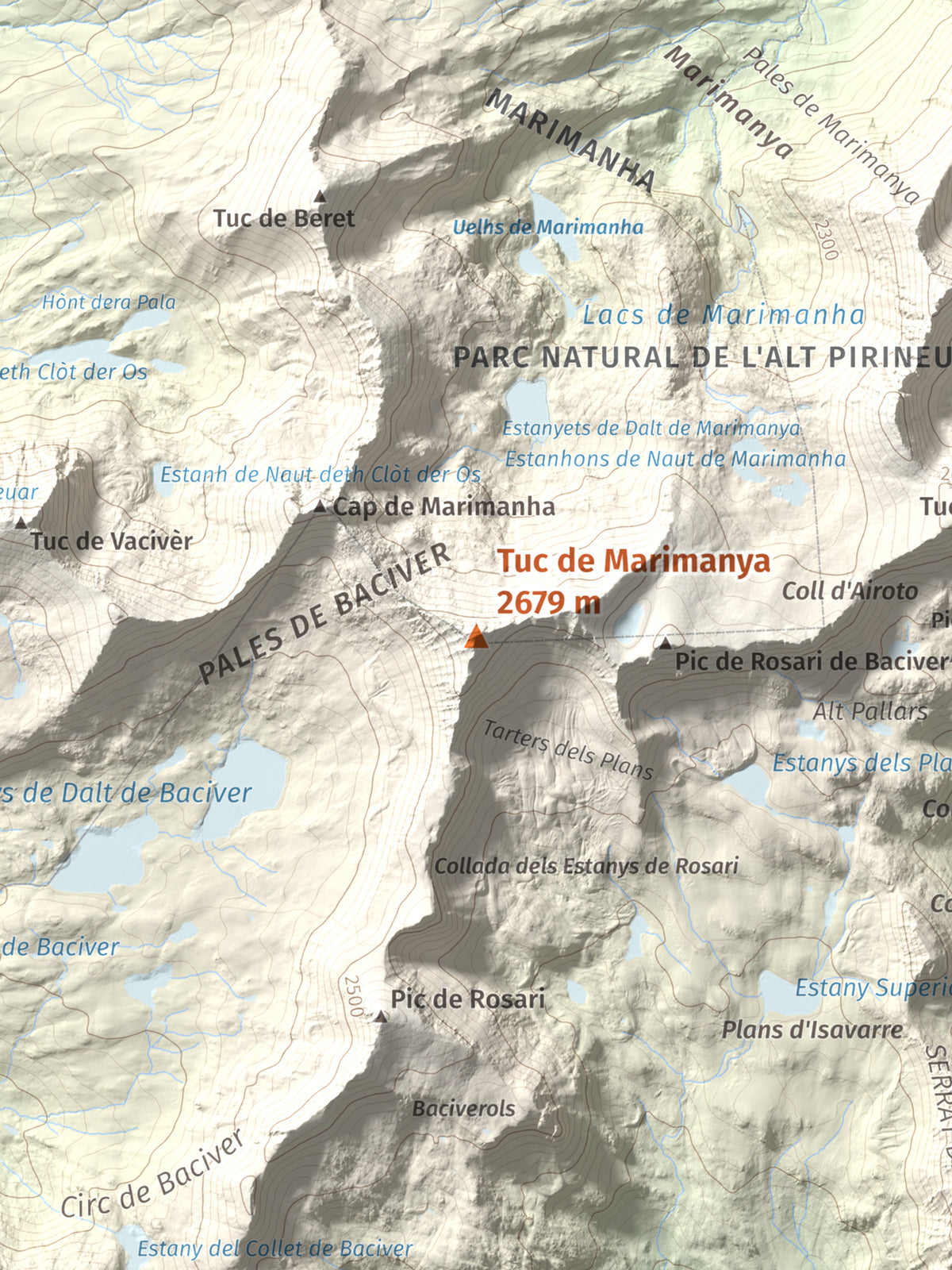 Mapa de relieve de Tuc de Marimanya, 2679 m, Pallars Sobirà · Val d'Aran, lámina 100 Cims de Trobart. Detalle de la zona central. 30 × 40 cm.