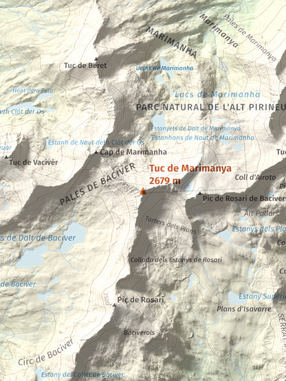 Mapa de relieve de Tuc de Marimanya, 2679 m, Pallars Sobirà · Val d'Aran, lámina 100 Cims de Trobart. Detalle de la zona central. 30 × 40 cm.