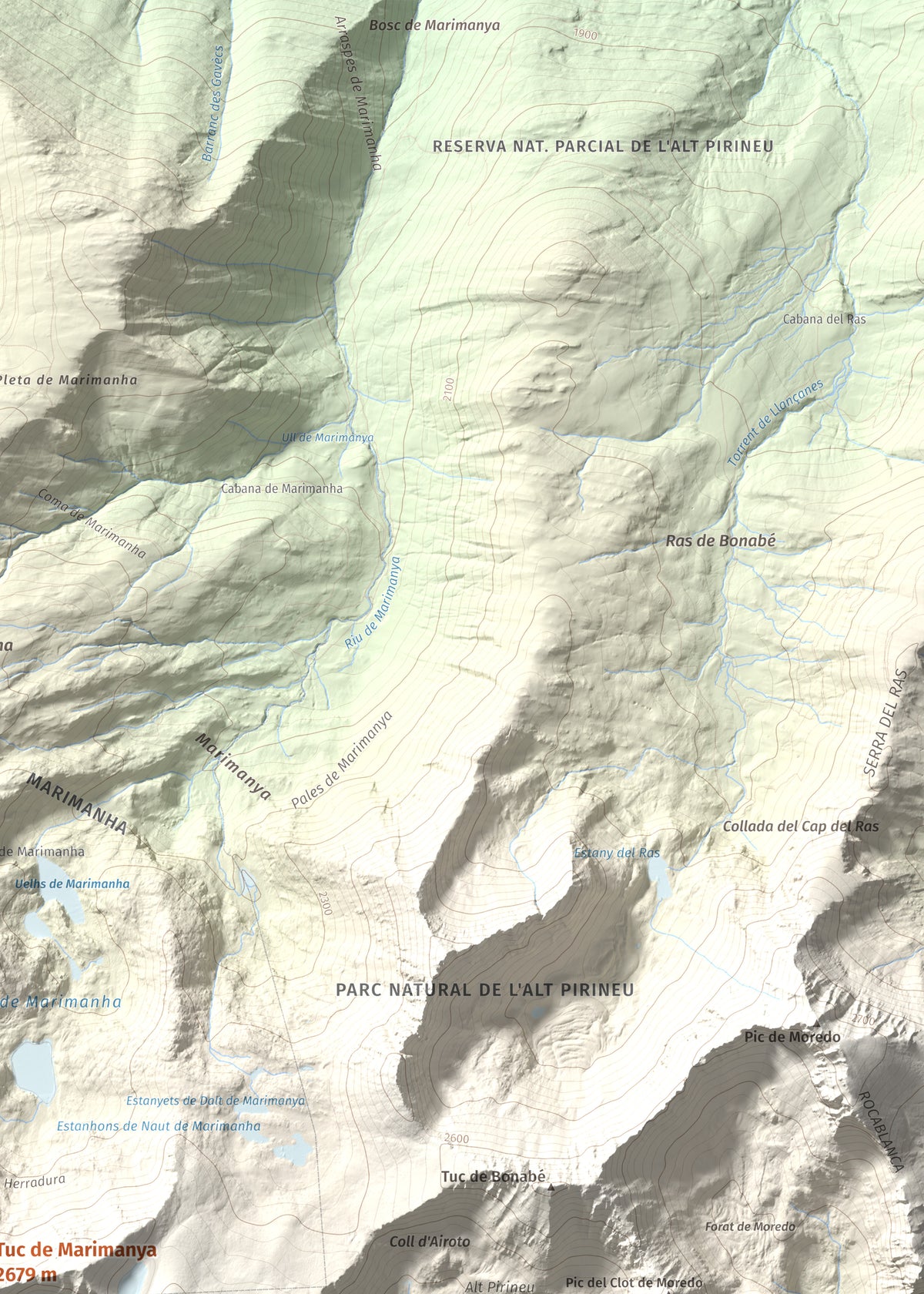 Mapa de relieve de Tuc de Marimanya, 2679 m, Pallars Sobirà · Val d'Aran, lámina 100 Cims de Trobart. Detalle de la zona superior derecha. 50 × 70 cm.