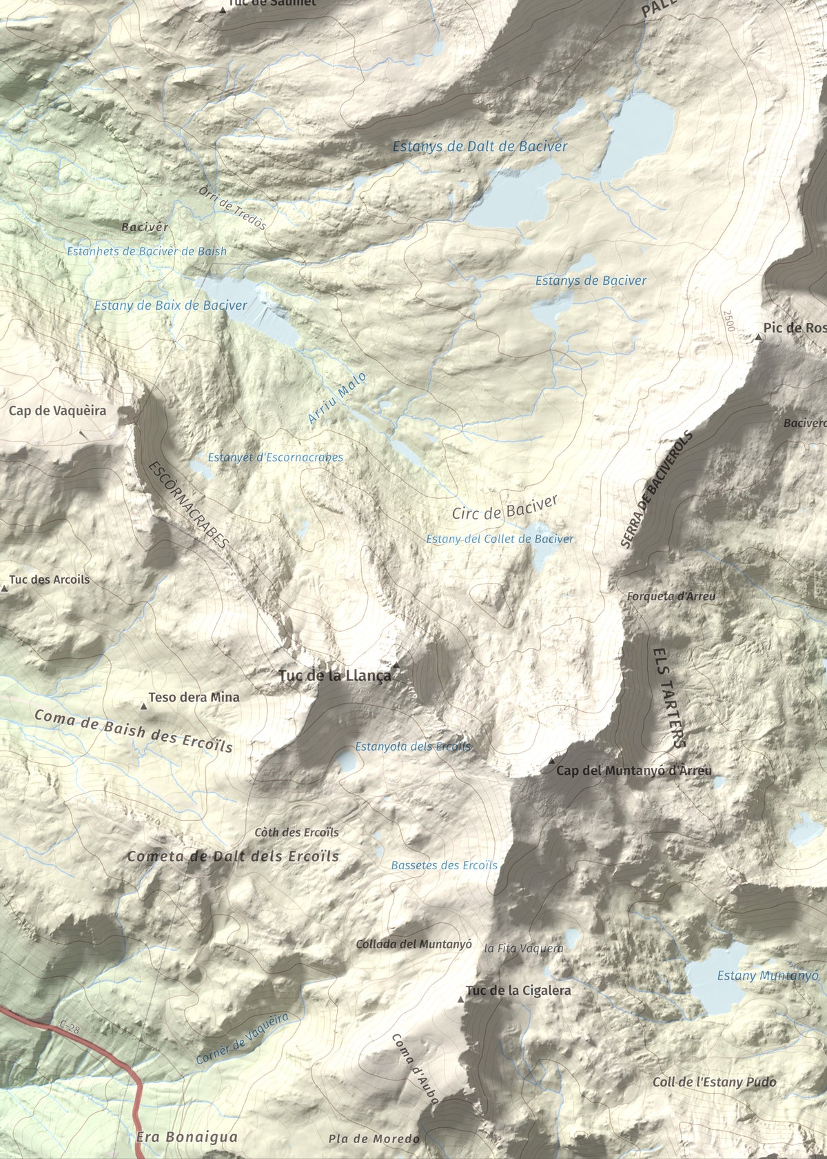 Mapa de relieve de Tuc de Marimanya, 2679 m, Pallars Sobirà · Val d'Aran, lámina 100 Cims de Trobart. Detalle de la zona inferior izquierda. 50 × 70 cm.