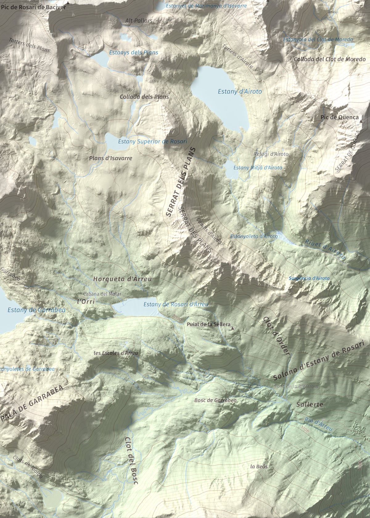 Mapa de relieve de Tuc de Marimanya, 2679 m, Pallars Sobirà · Val d'Aran, lámina 100 Cims de Trobart. Detalle de la zona inferior derecha. 50 × 70 cm.