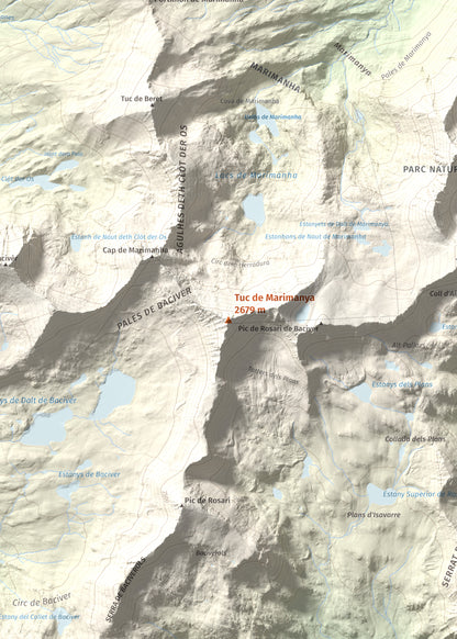Mapa de relieve de Tuc de Marimanya, 2679 m, Pallars Sobirà · Val d'Aran, lámina 100 Cims de Trobart. Detalle de la zona central. 50 × 70 cm.