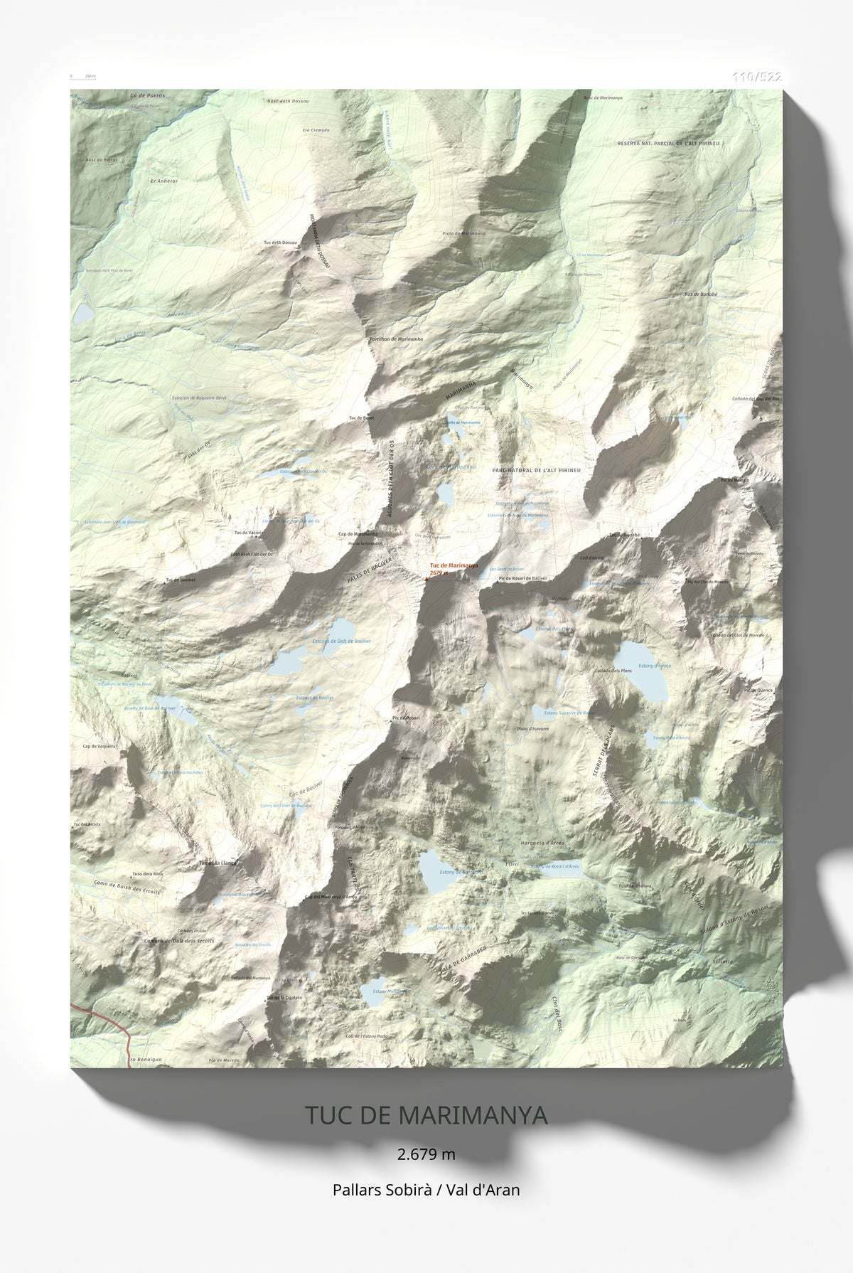 Mapa de relieve de Tuc de Marimanya, 2679 m, Pallars Sobirà · Val d'Aran, lámina 100 Cims de Trobart 61 × 91 cm.