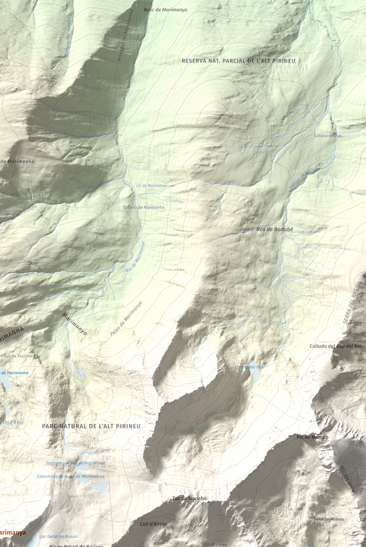 Mapa de relieve de Tuc de Marimanya, 2679 m, Pallars Sobirà · Val d'Aran, lámina 100 Cims de Trobart. Detalle de la zona superior derecha. 61 × 91 cm.