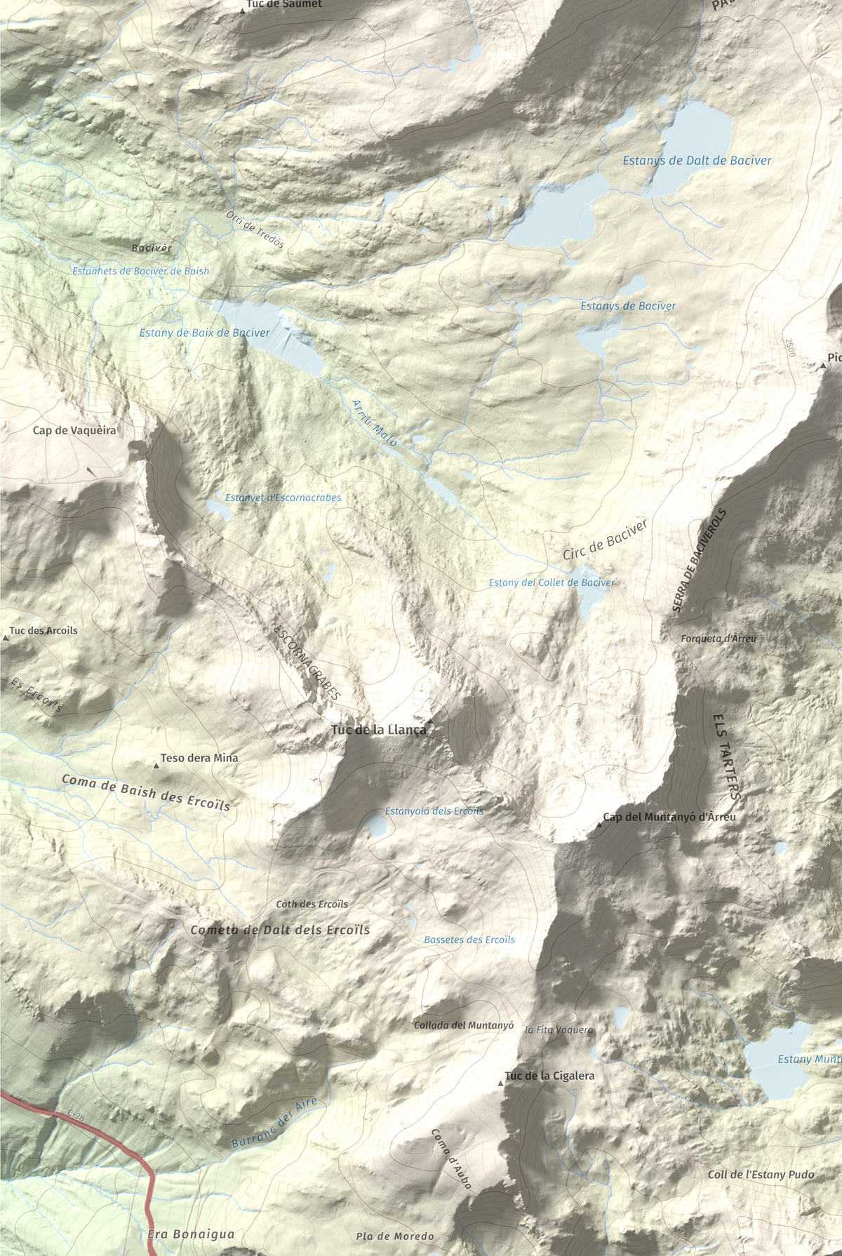 Mapa de relieve de Tuc de Marimanya, 2679 m, Pallars Sobirà · Val d'Aran, lámina 100 Cims de Trobart. Detalle de la zona inferior izquierda. 61 × 91 cm.