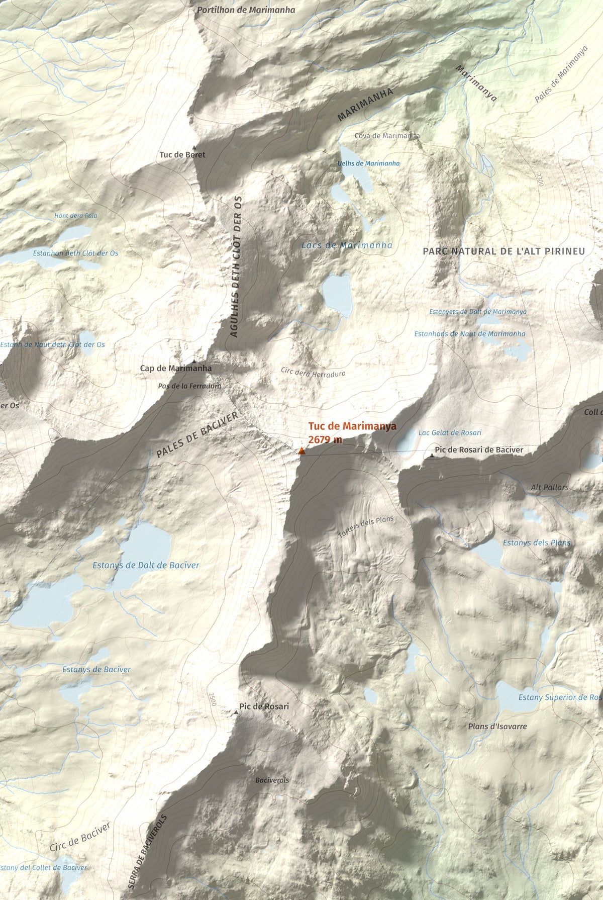 Mapa de relieve de Tuc de Marimanya, 2679 m, Pallars Sobirà · Val d'Aran, lámina 100 Cims de Trobart. Detalle de la zona central. 61 × 91 cm.