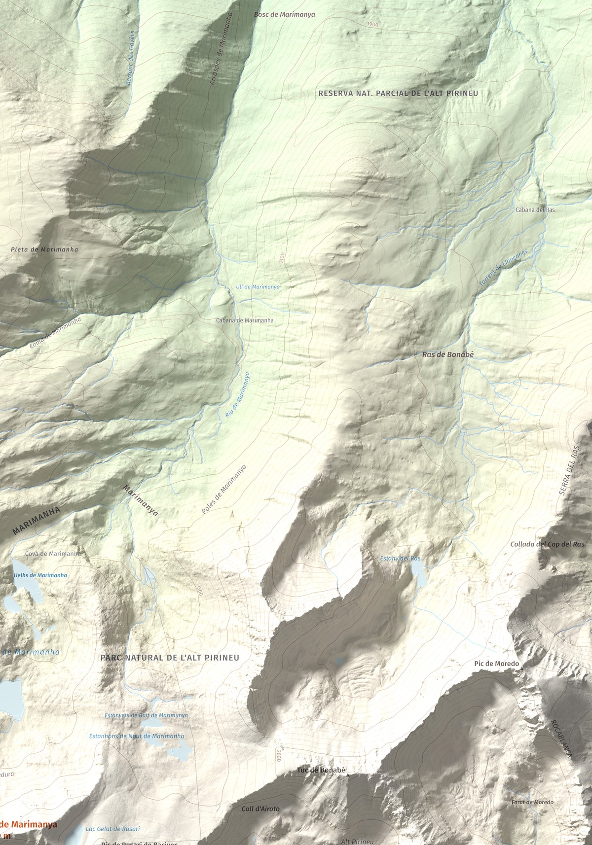 Mapa de relieve de Tuc de Marimanya, 2679 m, Pallars Sobirà · Val d'Aran, lámina 100 Cims de Trobart. Detalle de la zona superior derecha. 70 × 100 cm.