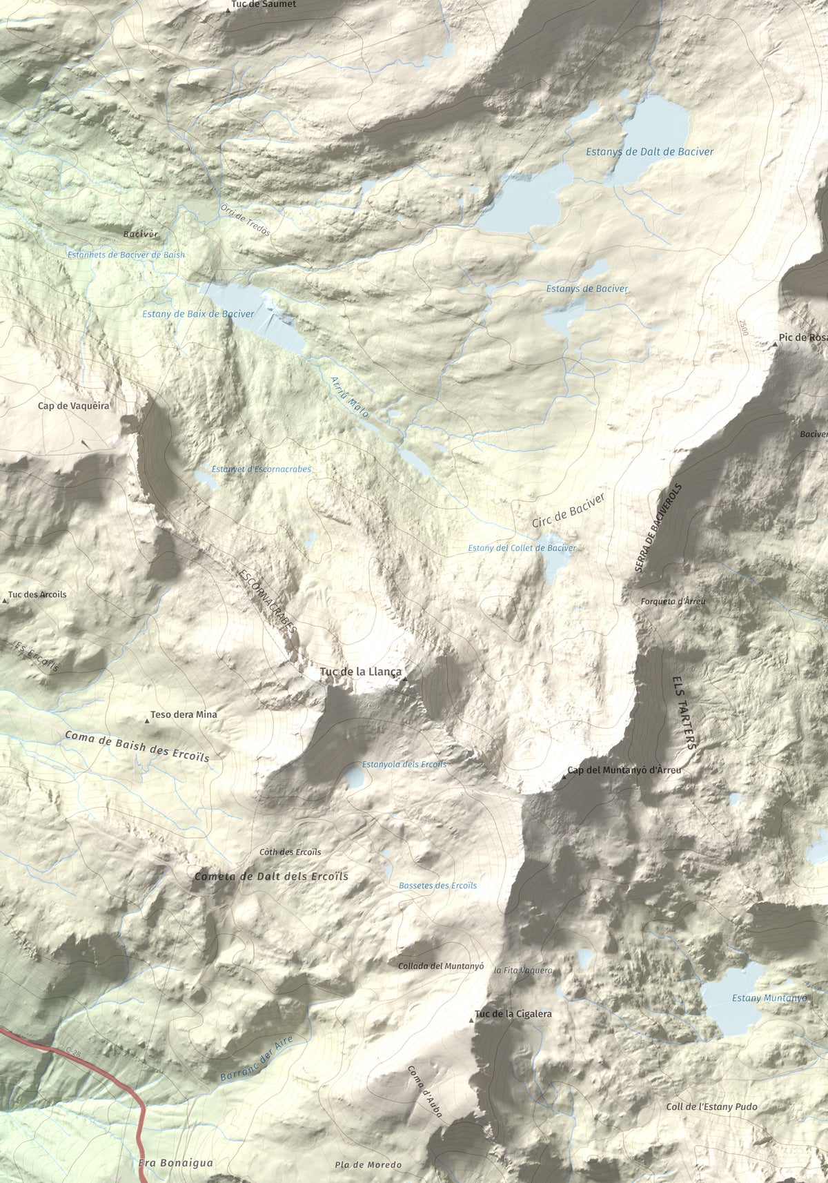 Mapa de relieve de Tuc de Marimanya, 2679 m, Pallars Sobirà · Val d'Aran, lámina 100 Cims de Trobart. Detalle de la zona inferior izquierda. 70 × 100 cm.