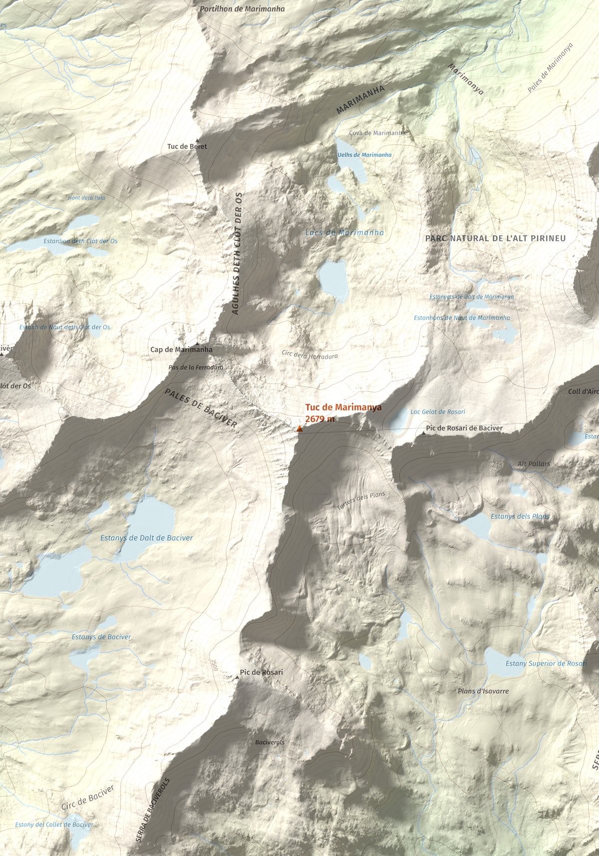 Mapa de relieve de Tuc de Marimanya, 2679 m, Pallars Sobirà · Val d'Aran, lámina 100 Cims de Trobart. Detalle de la zona central. 70 × 100 cm.