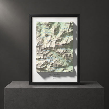 Mapa de relieve de Tuc de Molières, 3010 m, Val d'Aran, lámina 100 Cims de Trobart. Presentación enmarcada. 21 × 30 cm.