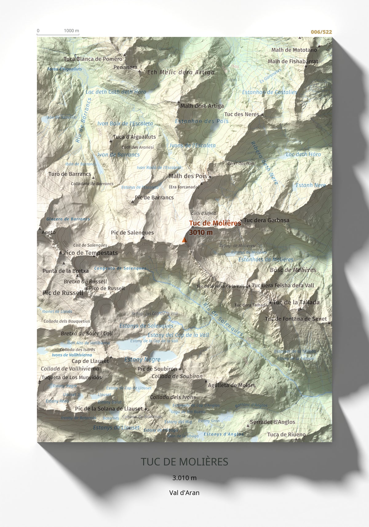 Mapa de relieve de Tuc de Molières, 3010 m, Val d'Aran, lámina 100 Cims de Trobart 21 × 30 cm.