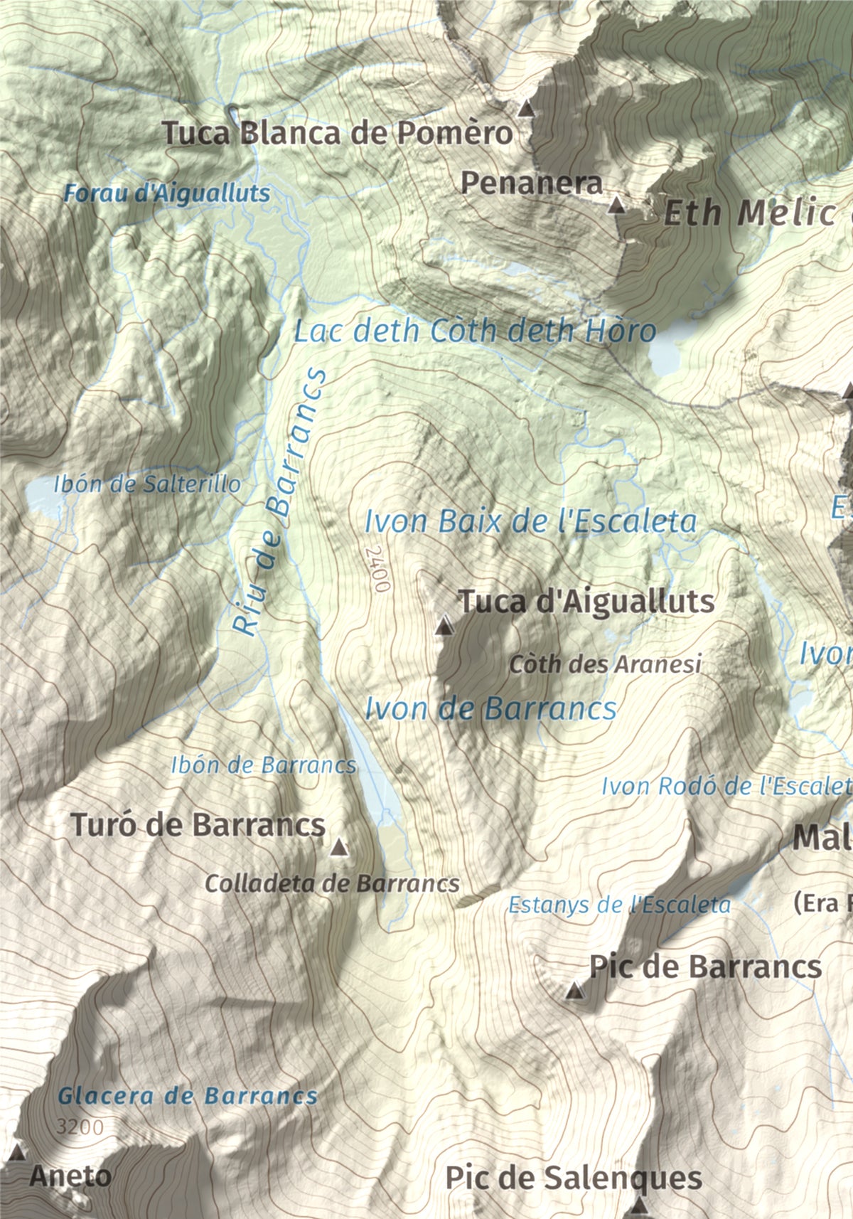 Mapa de relieve de Tuc de Molières, 3010 m, Val d'Aran, lámina 100 Cims de Trobart. Detalle de la zona superior izquierda. 21 × 30 cm.
