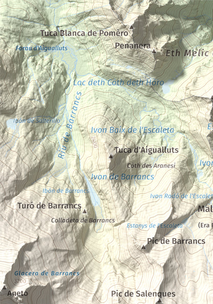 Mapa de relieve de Tuc de Molières, 3010 m, Val d'Aran, lámina 100 Cims de Trobart. Detalle de la zona superior izquierda. 21 × 30 cm.
