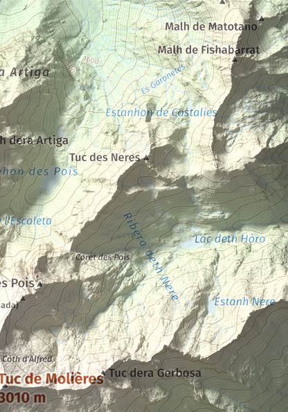Mapa de relieve de Tuc de Molières, 3010 m, Val d'Aran, lámina 100 Cims de Trobart. Detalle de la zona superior derecha. 21 × 30 cm.