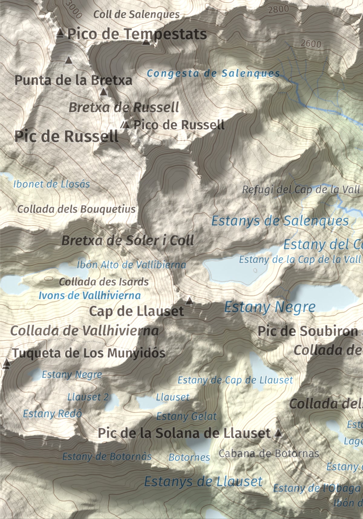 Mapa de relieve de Tuc de Molières, 3010 m, Val d'Aran, lámina 100 Cims de Trobart. Detalle de la zona inferior izquierda. 21 × 30 cm.