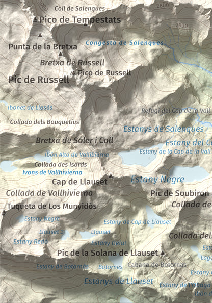 Mapa de relieve de Tuc de Molières, 3010 m, Val d'Aran, lámina 100 Cims de Trobart. Detalle de la zona inferior izquierda. 21 × 30 cm.