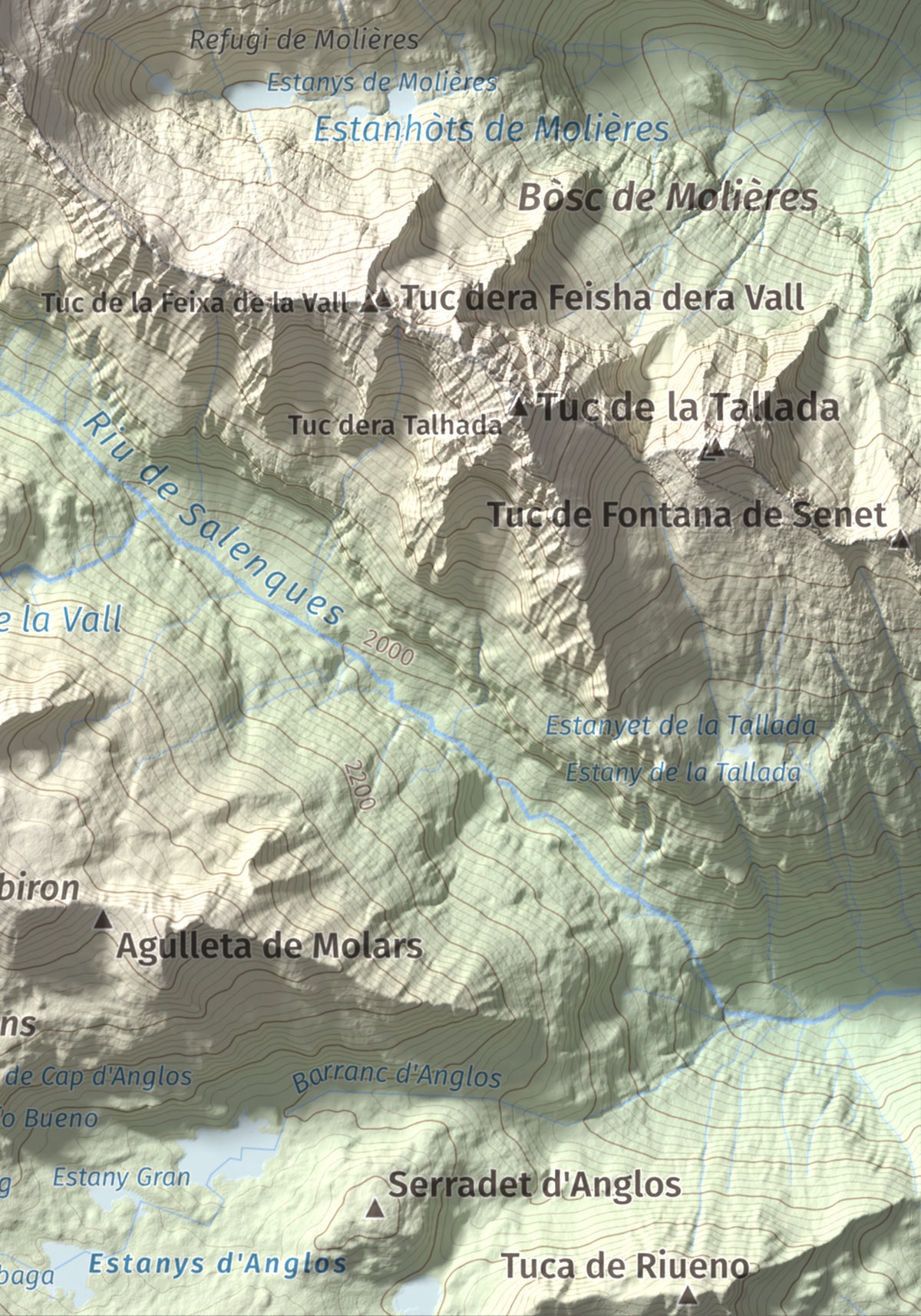 Mapa de relieve de Tuc de Molières, 3010 m, Val d'Aran, lámina 100 Cims de Trobart. Detalle de la zona inferior derecha. 21 × 30 cm.