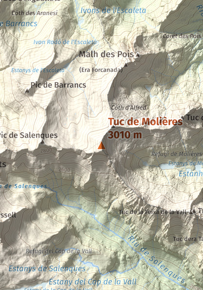 Mapa de relieve de Tuc de Molières, 3010 m, Val d'Aran, lámina 100 Cims de Trobart. Detalle de la zona central. 21 × 30 cm.