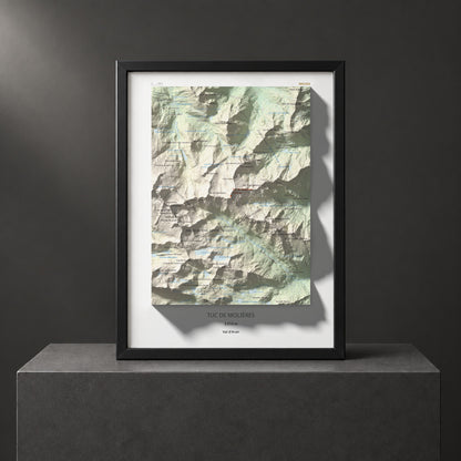 Mapa de relieve de Tuc de Molières, 3010 m, Val d'Aran, lámina 100 Cims de Trobart. Presentación enmarcada. 30 × 40 cm.